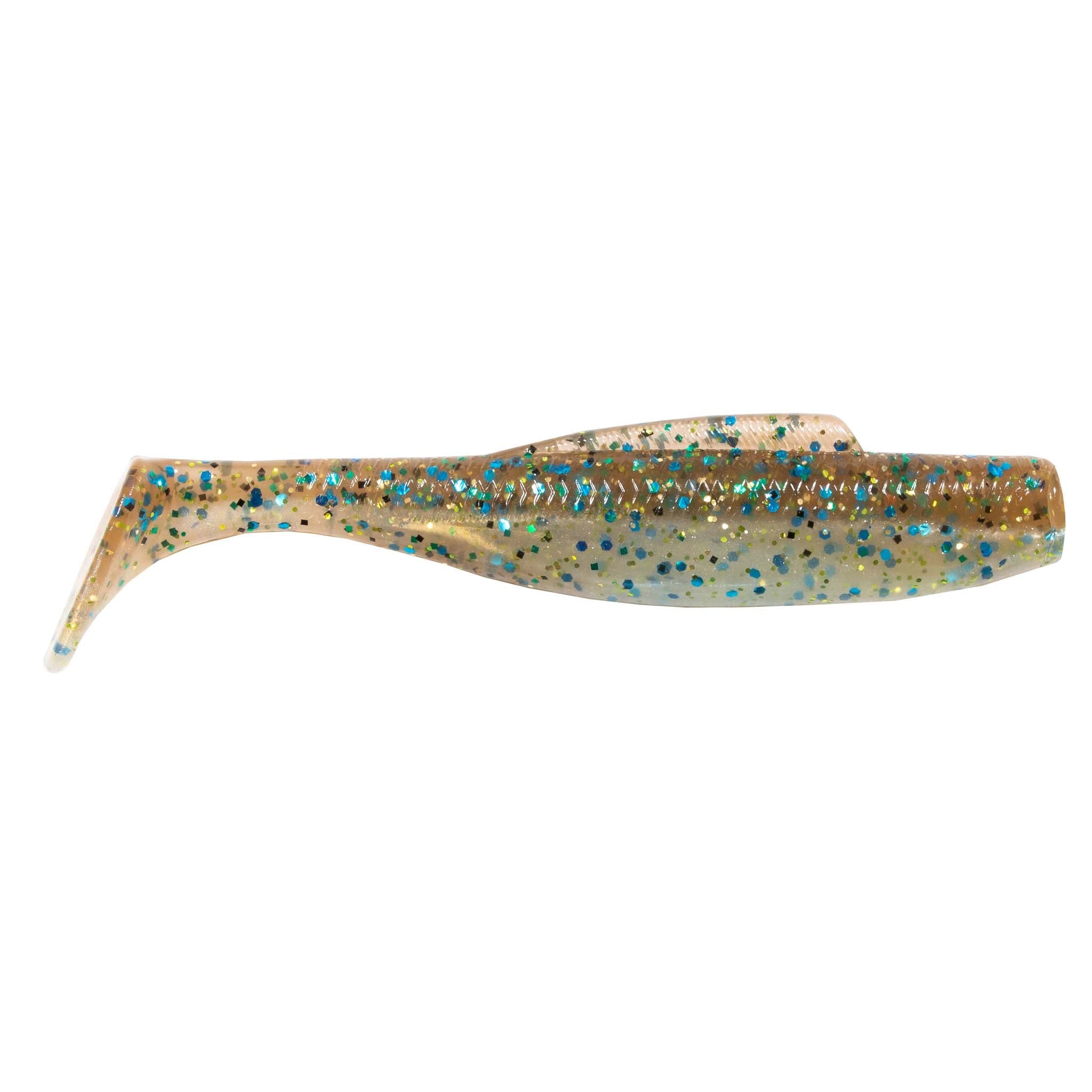 MinnowZ soft fishing lure, tan-gold body with multicolor glitter speckles and paddle tail