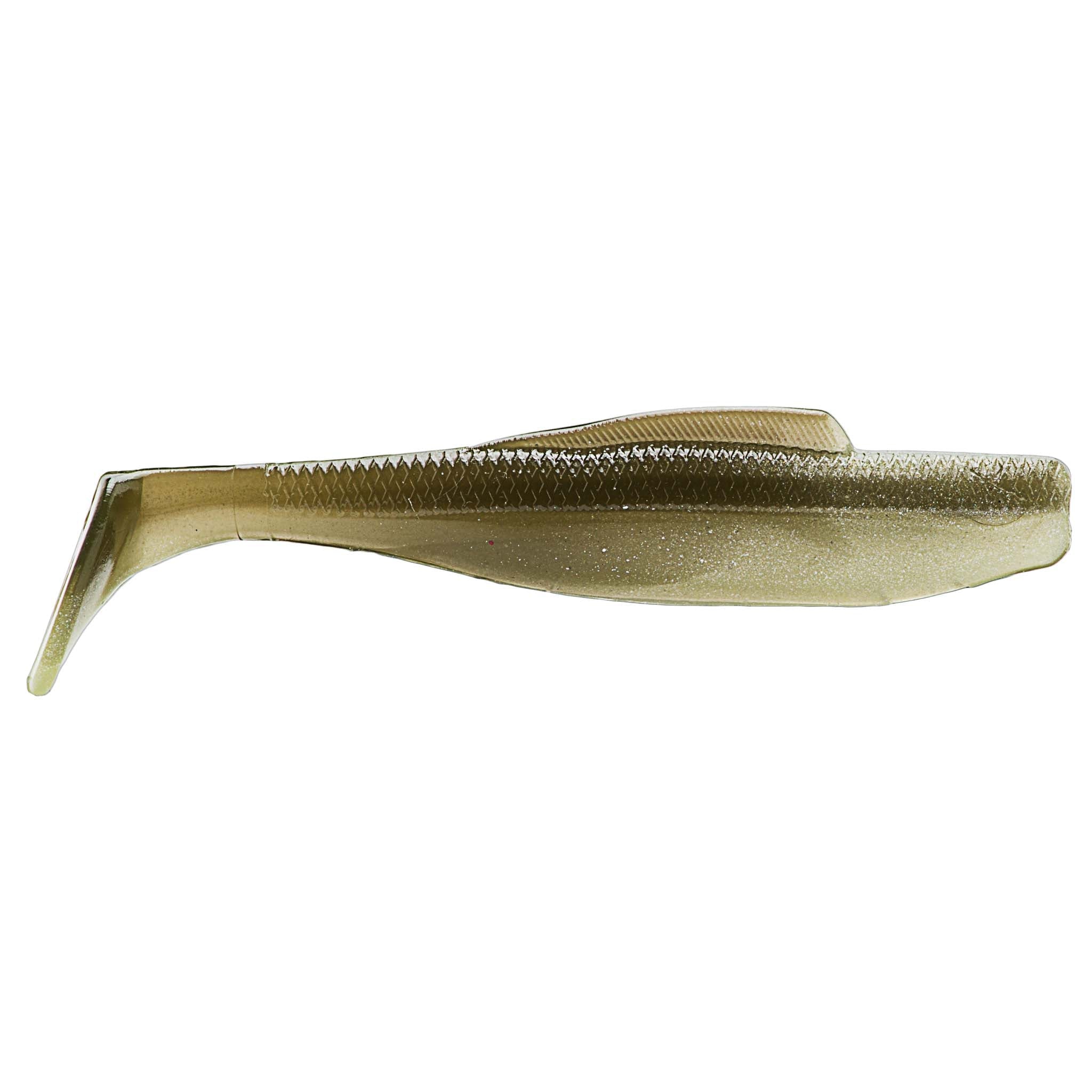 MinnowZ soft fishing lure, gold shad body with subtle sparkle and paddle tail