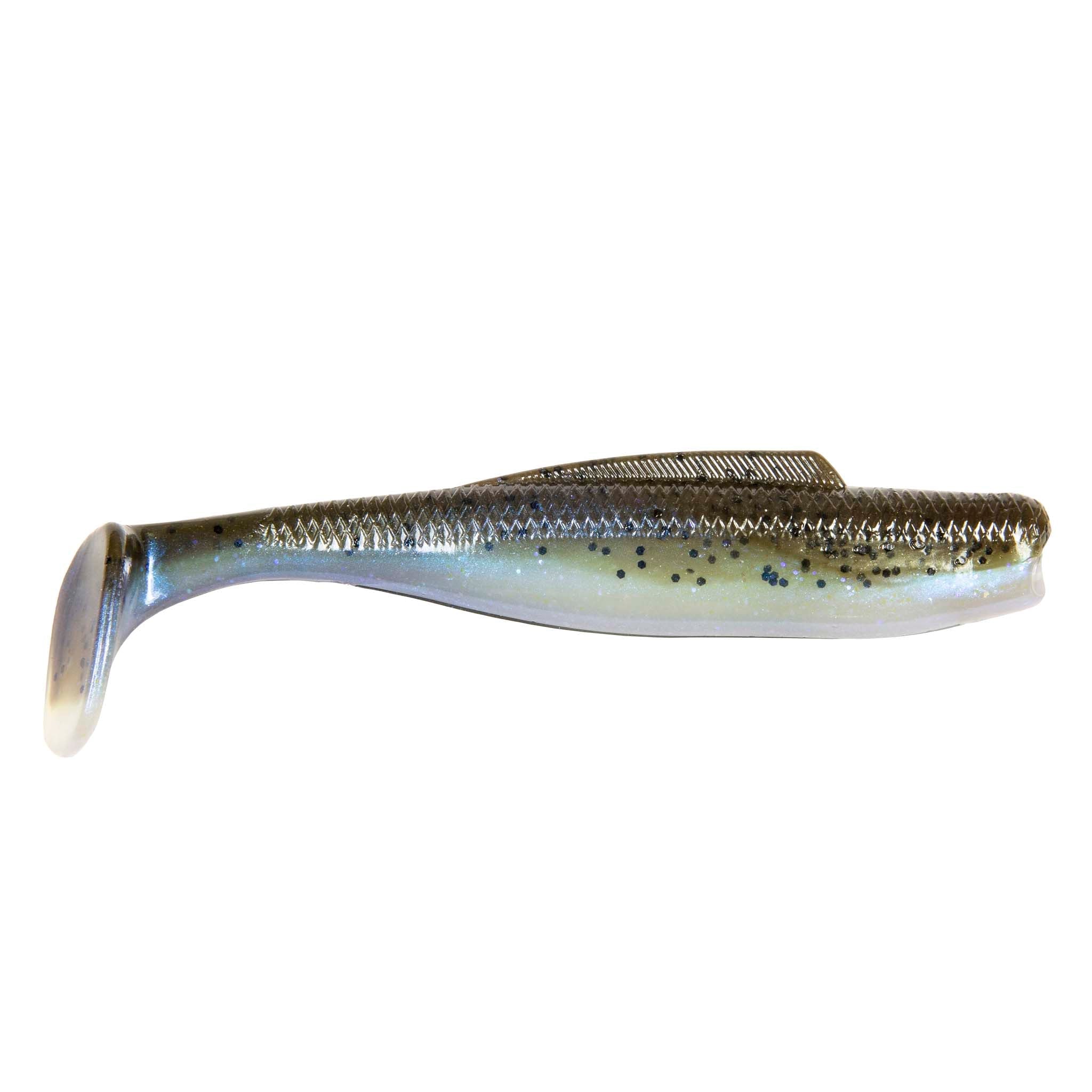 MinnowZ soft fishing lure, silver-blue shad body with dark speckles and paddle tail