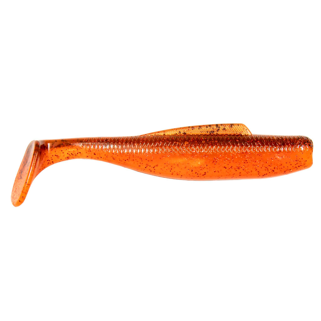 MinnowZ soft fishing lure, orange-red glitter body with speckles and paddle tail