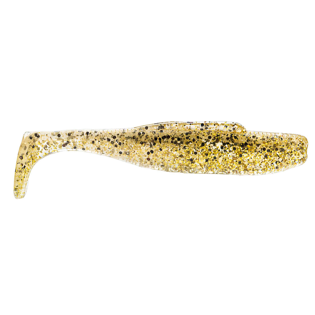 MinnowZ soft fishing lure, gold glitter body with speckled pattern and paddle tail