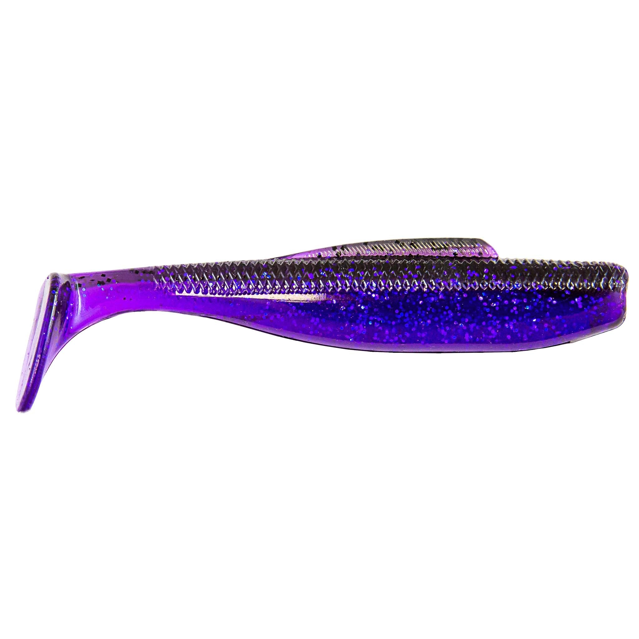 MinnowZ soft fishing lure, purple glitter body with dark accents and paddle tail