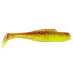 MinnowZ soft fishing lure, golden-brown top with chartreuse belly and speckled paddle tail