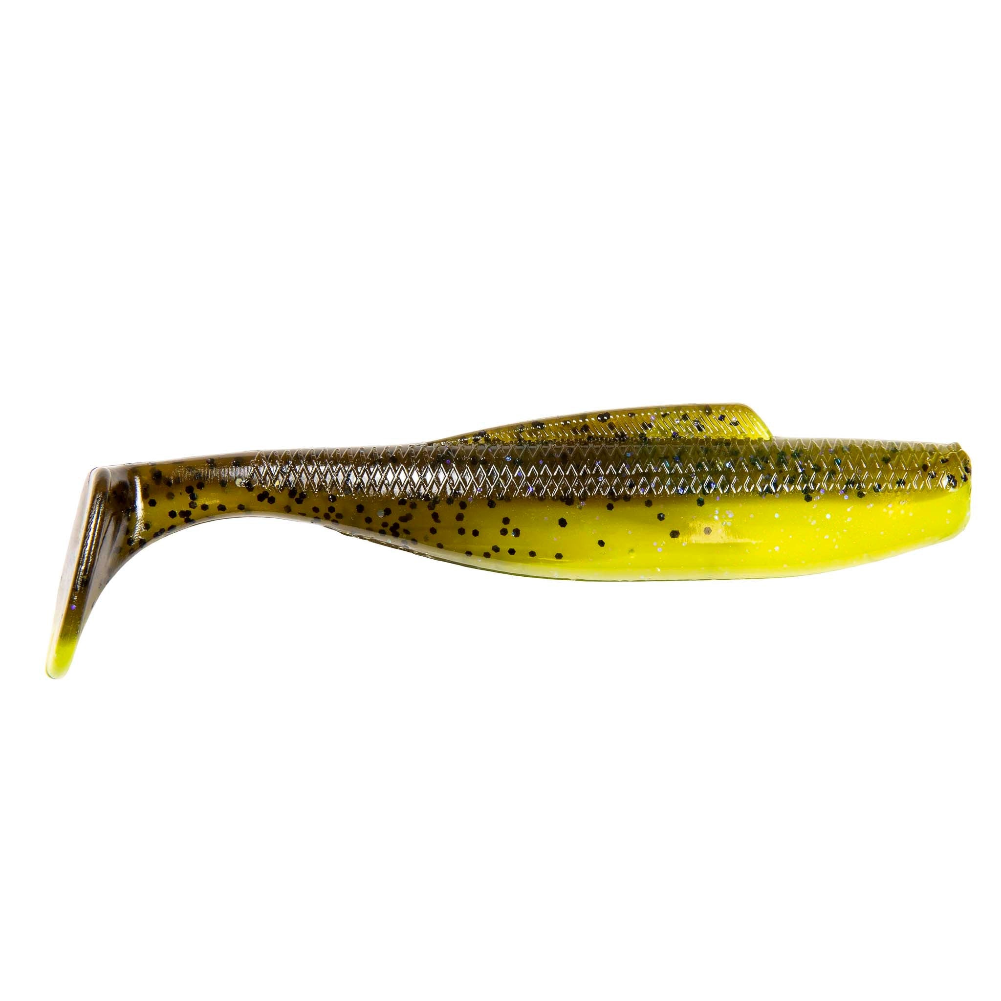 MinnowZ soft fishing lure, olive-brown back with yellow belly and dark speckles paddle tail