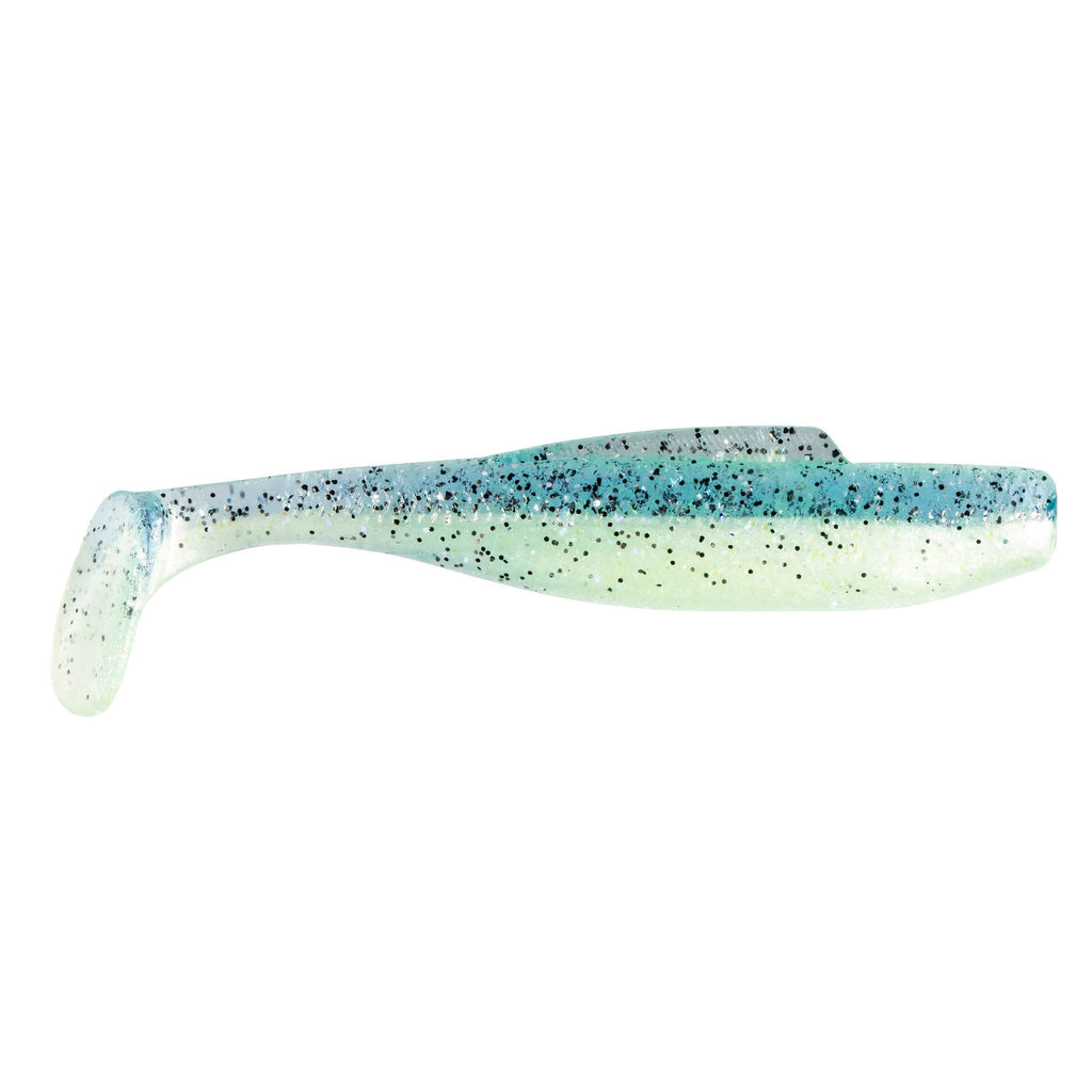 Soft plastic minnow lure, light blue and white speckled body