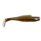Soft plastic minnow lure, gold and brown speckled body with paddle tail