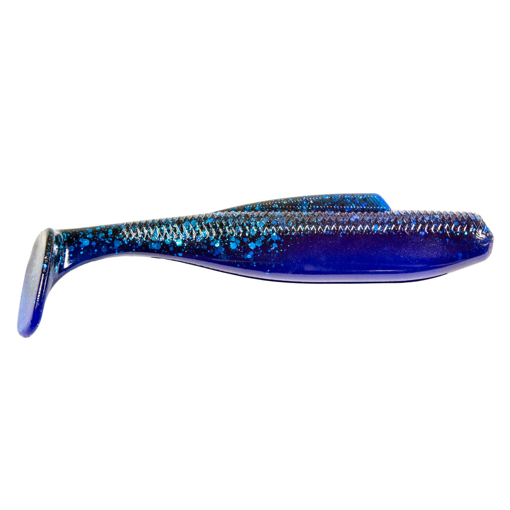 Soft plastic minnow lure, deep blue glitter body with forked tail