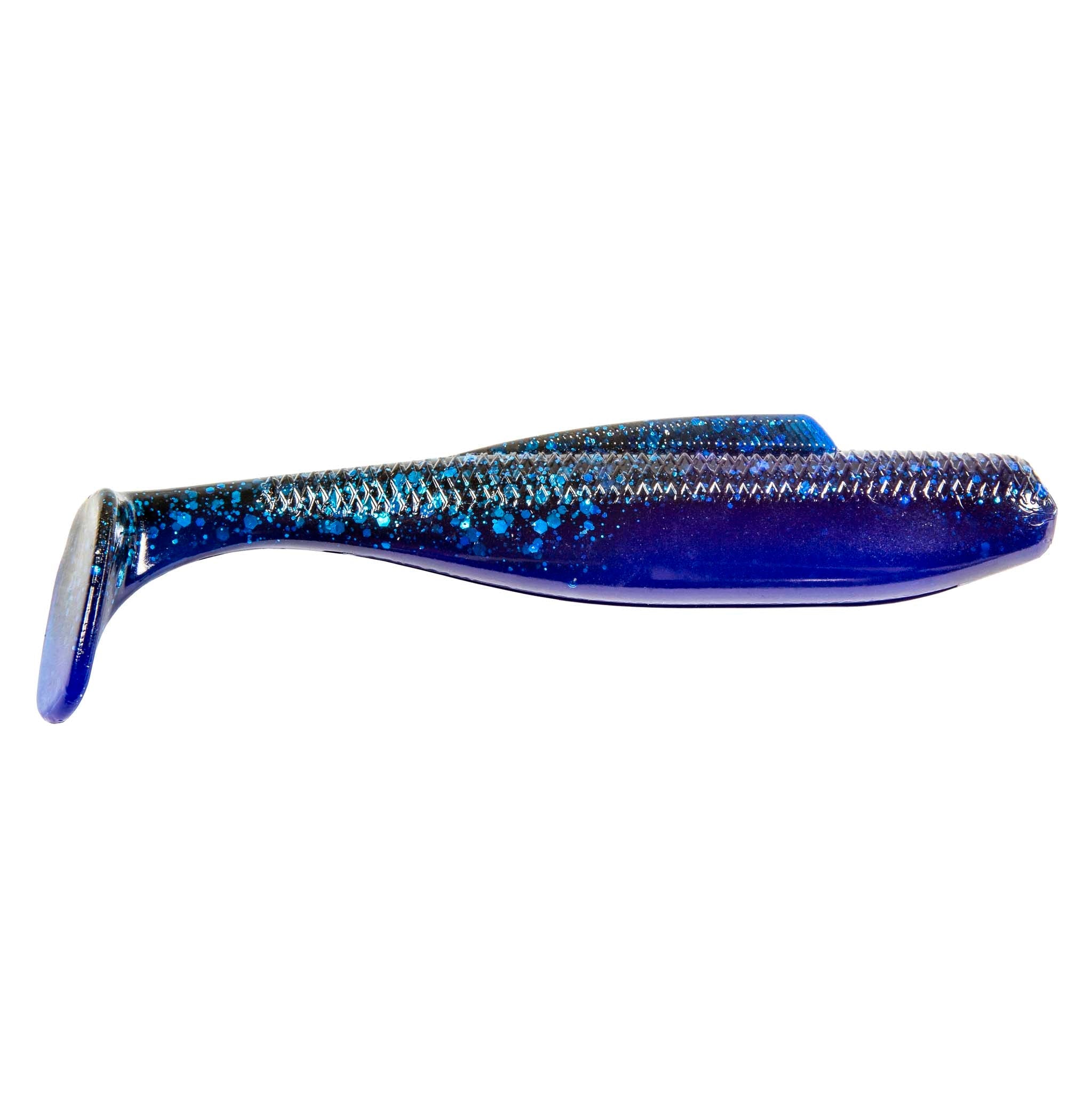 Soft plastic minnow lure, deep blue glitter body with forked tail