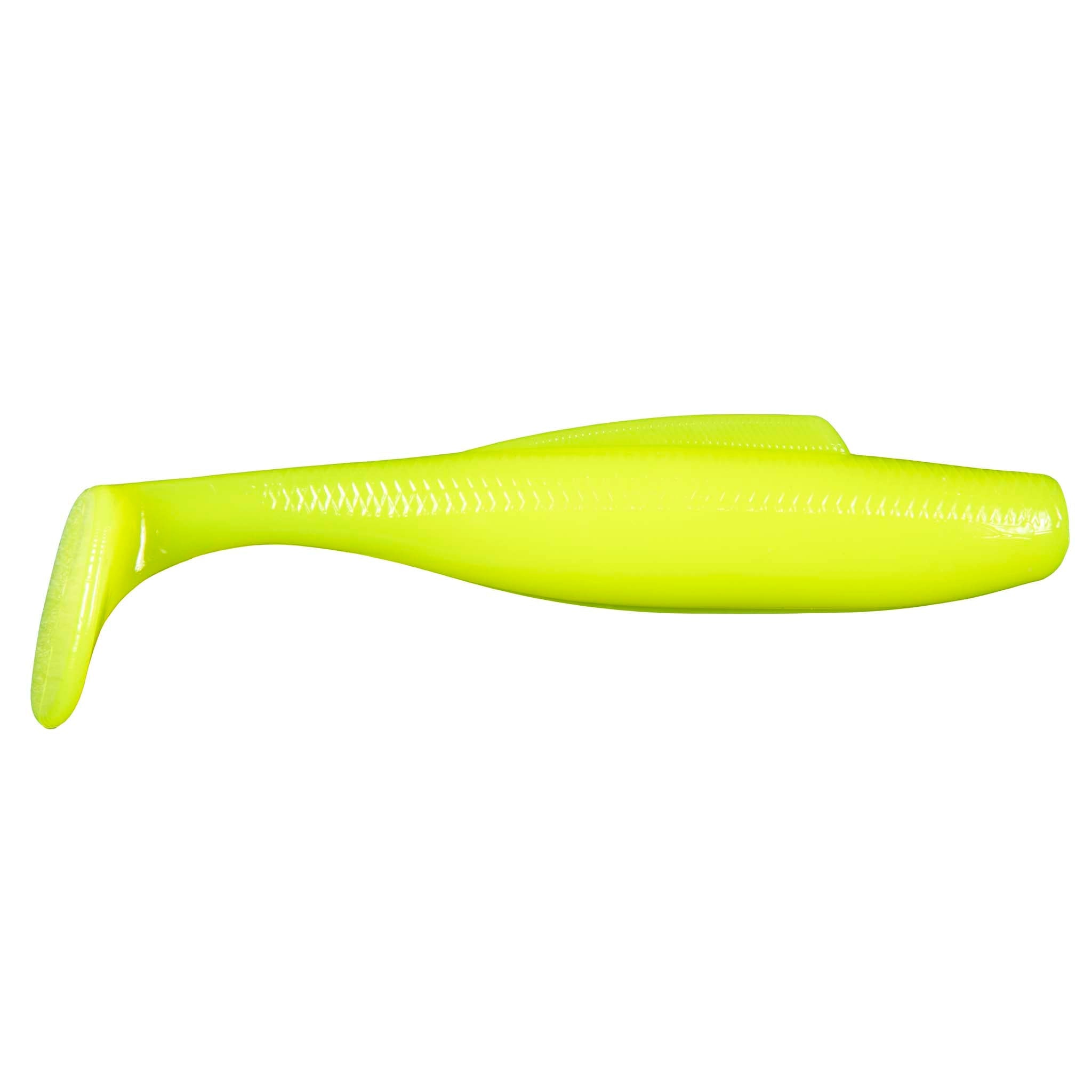 Soft plastic minnow lure, bright neon yellow-green body with paddle tail