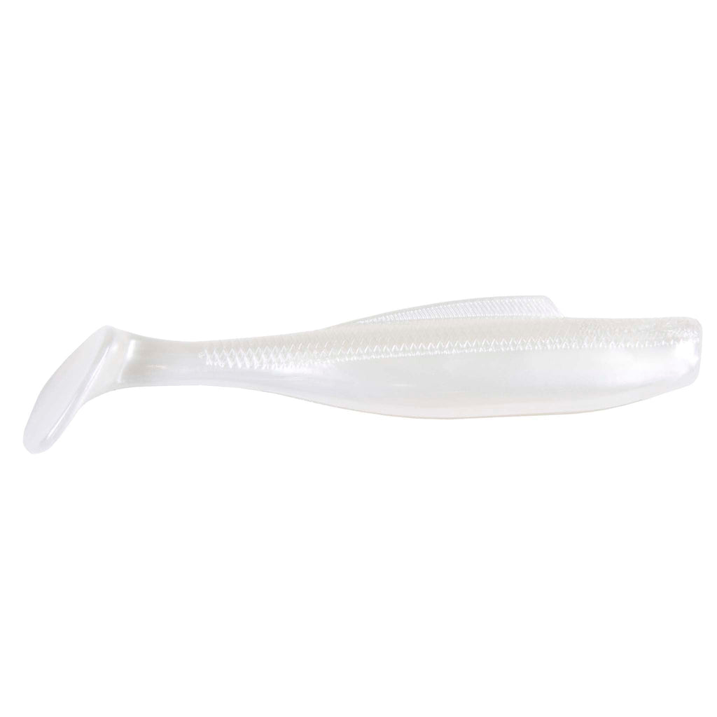 Soft plastic minnow lure, translucent white body with textured back