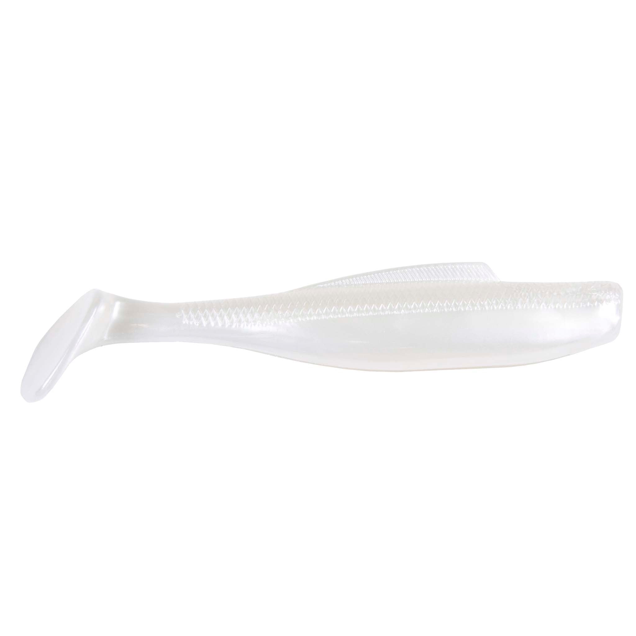 Soft plastic minnow lure, translucent white body with textured back