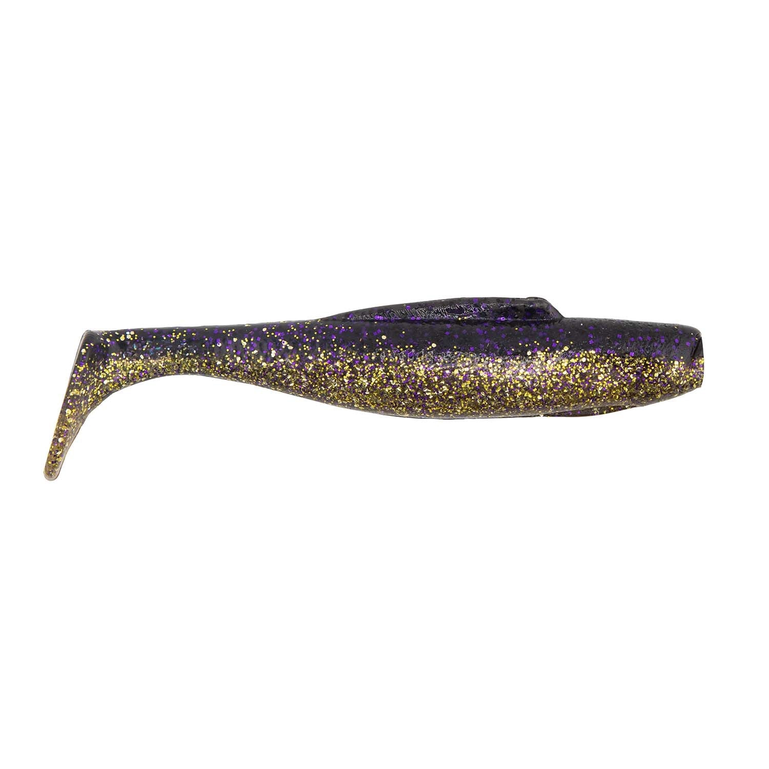 Dark purple glitter soft swimbait lure with gold speckles and forked tail