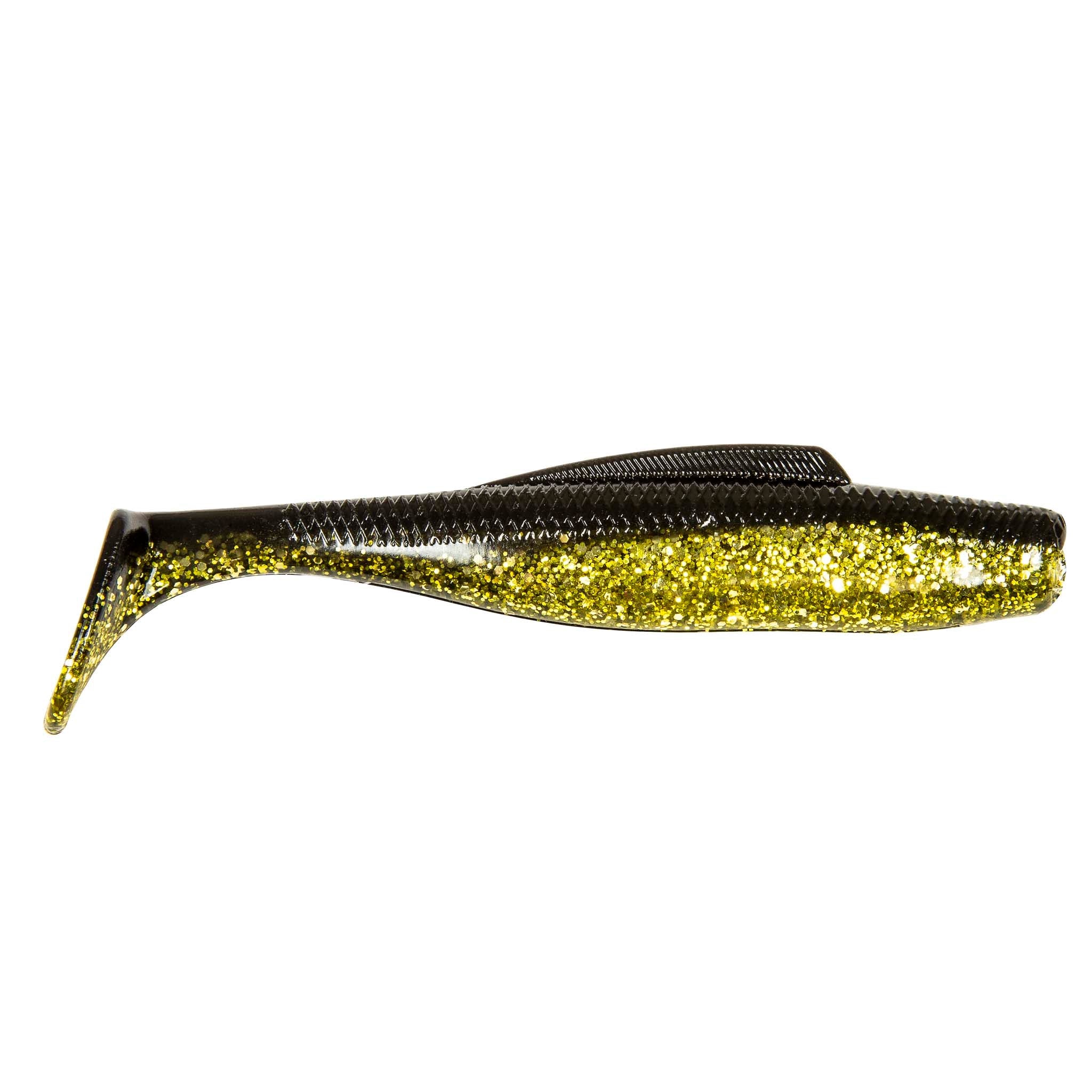 Soft plastic minnow lure, black and gold speckled body with forked tail