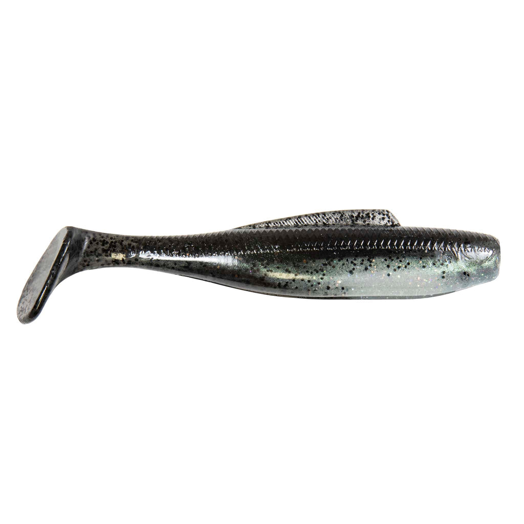 Soft plastic minnow lure, dark gray and silver speckled body with paddle tail
