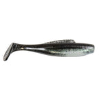 Soft plastic minnow lure, dark gray and silver speckled body with paddle tail