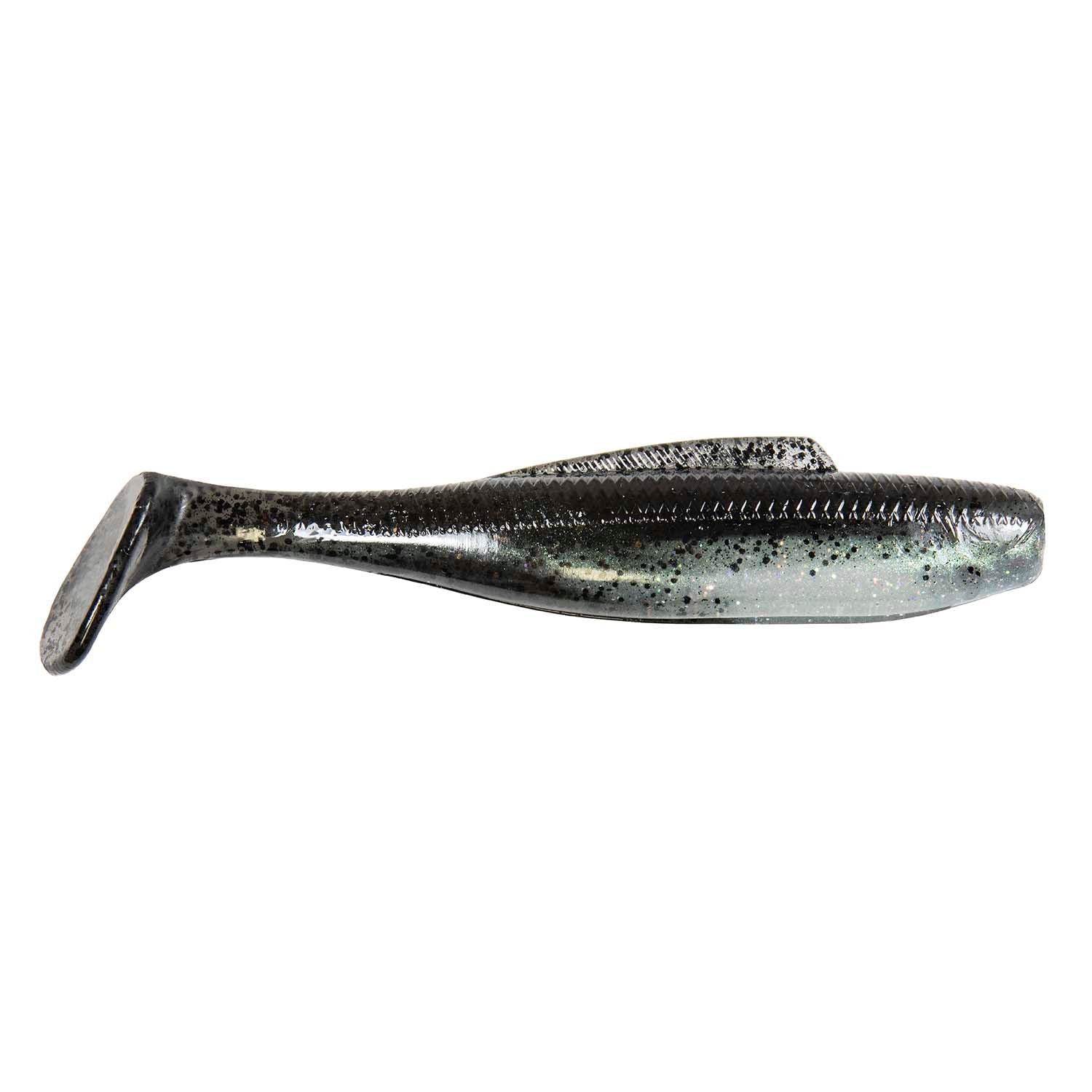 Dark gray glitter soft swimbait lure with silver-blue flecks and forked tail