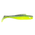 Soft plastic minnow lure, bright chartreuse with olive-green speckled back