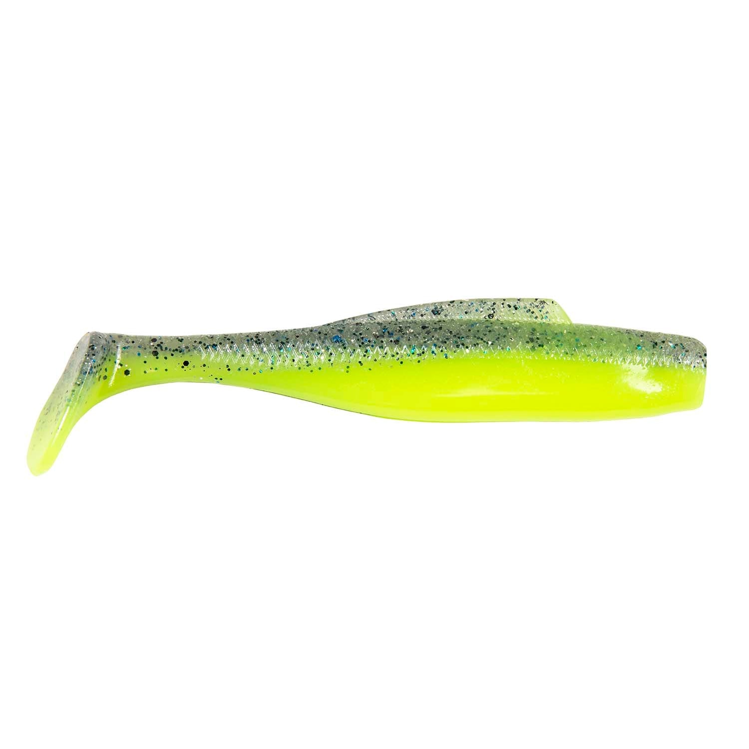 Soft plastic minnow lure, bright chartreuse with olive-green speckled back