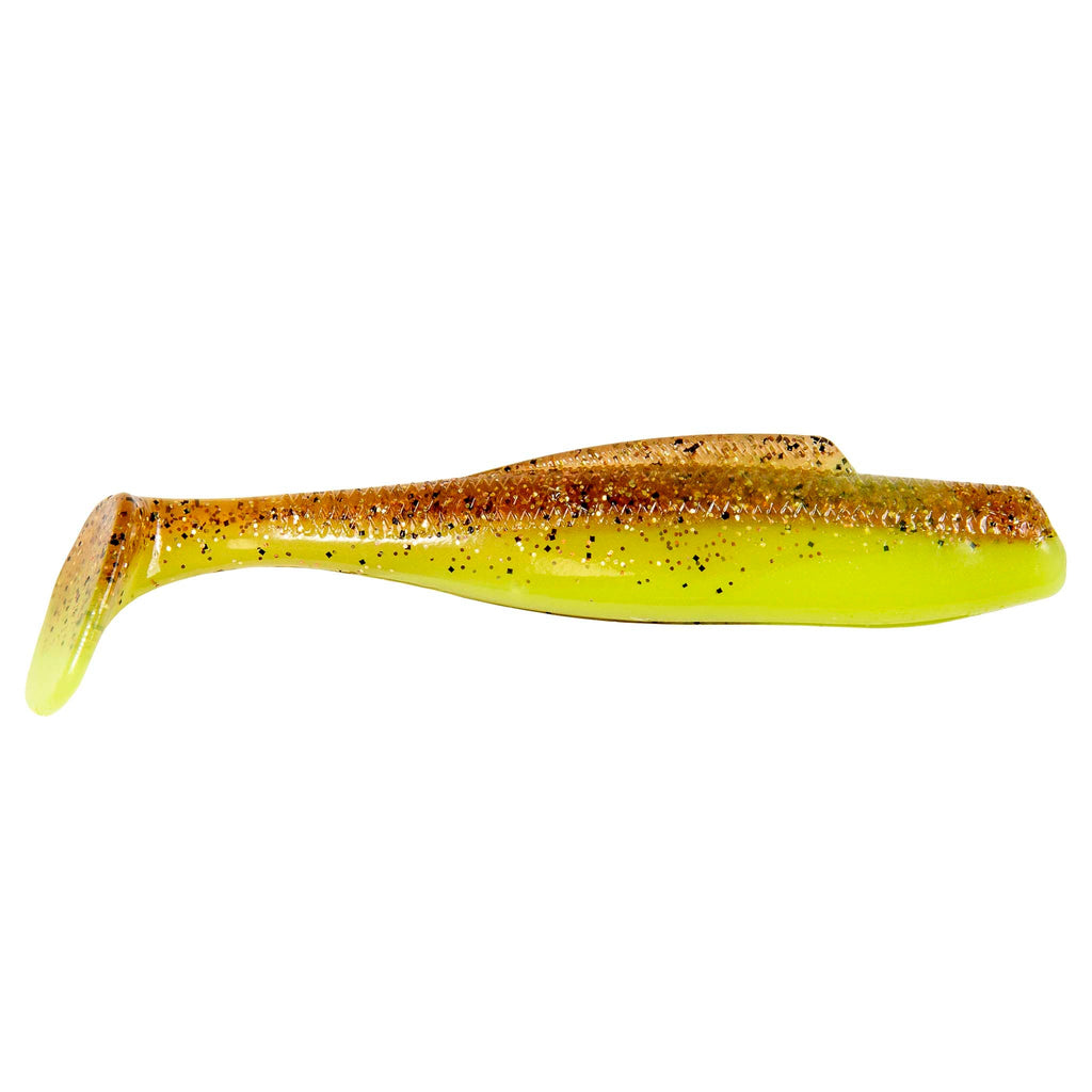 DieZel MinnowZ soft plastic lure, golden-brown speckled top with bright chartreuse belly