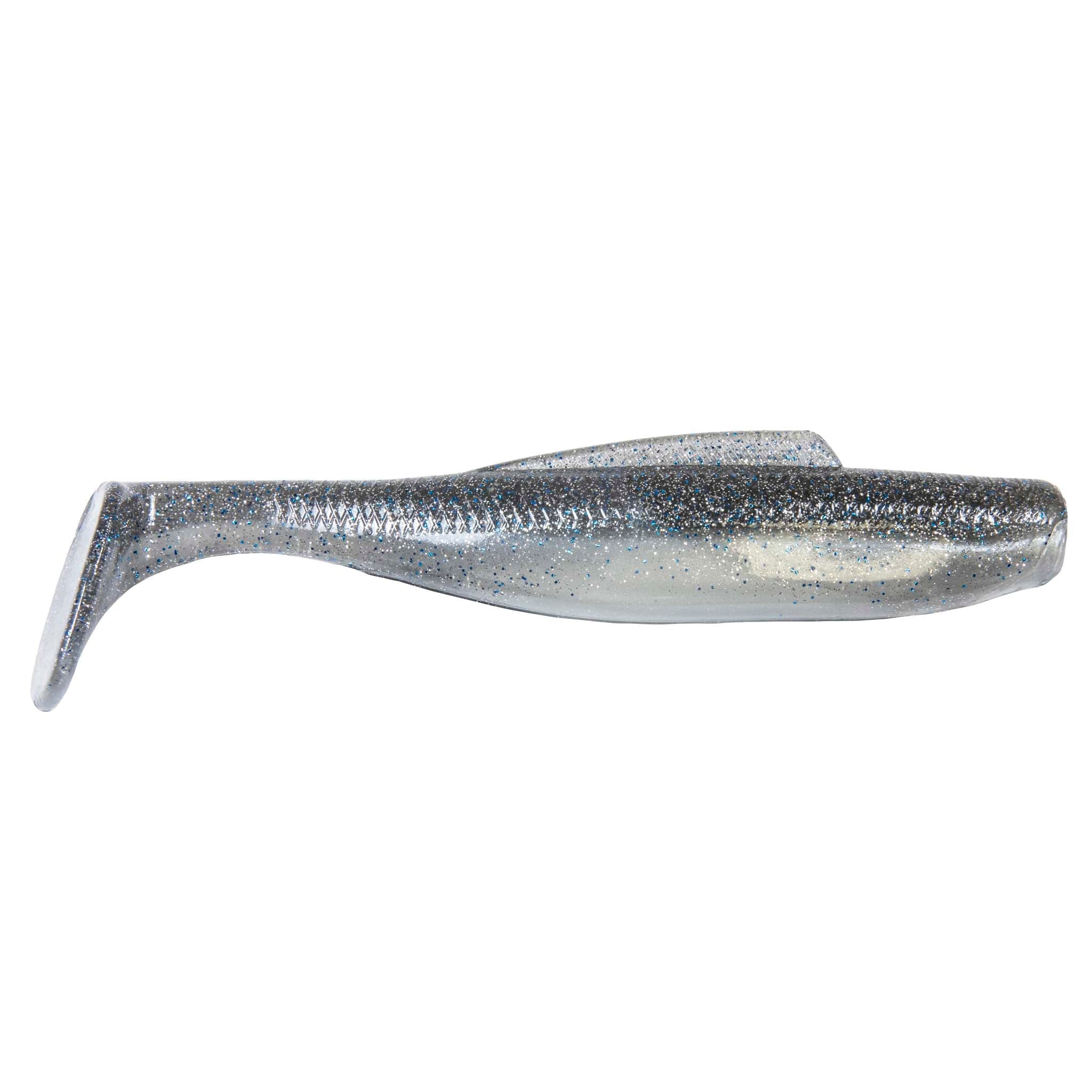Blue-gray glitter soft swimbait lure with forked tail