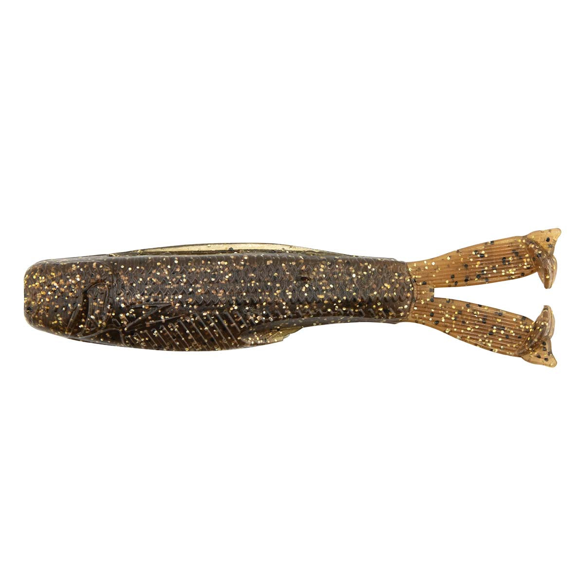 Brown glitter soft plastic fishing lure with forked tail and ribbed body