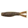 Brown speckled soft plastic fishing lure with ribbed body and forked tail
