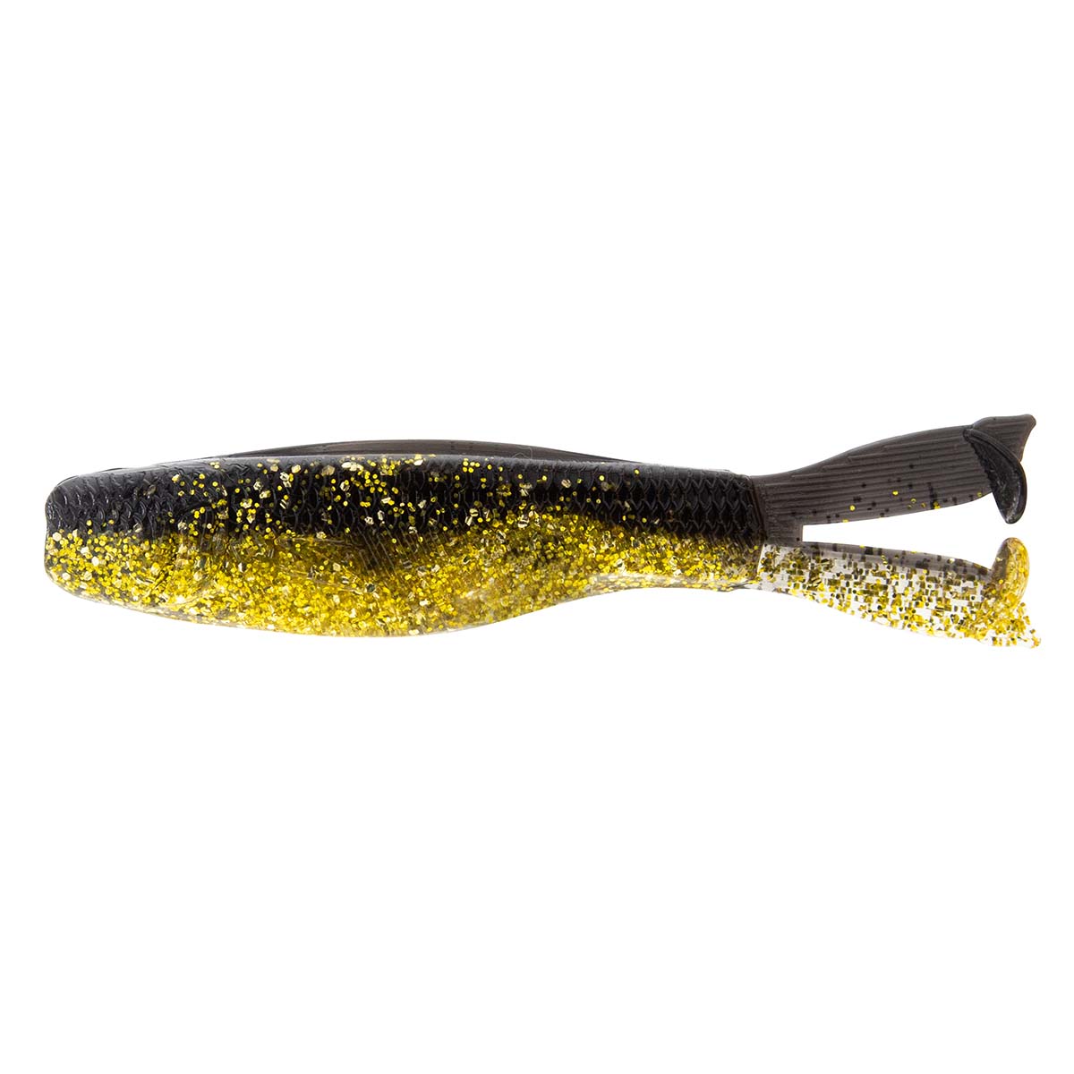Gold glitter soft plastic fishing lure with dark back and forked tail