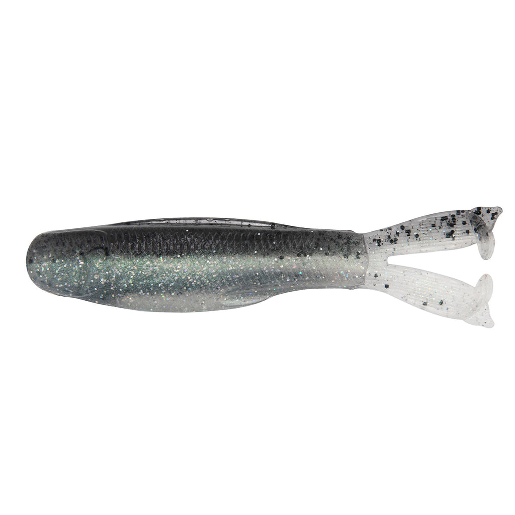 Fishing lure in smoky gray with silver glitter and translucent split tail fins