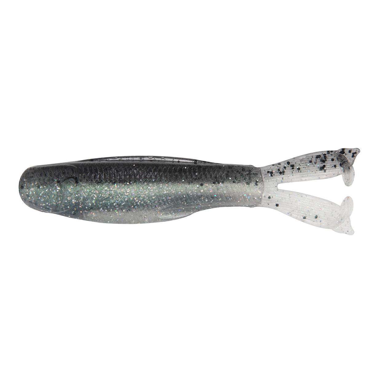 Fishing lure in smoky gray with silver glitter and translucent split tail fins
