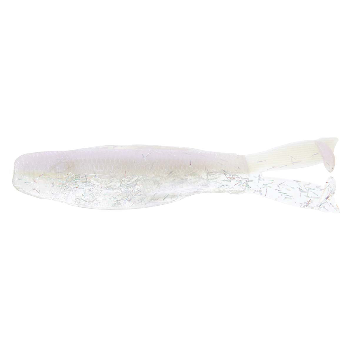 White soft plastic fishing lure with silver speckle pattern and forked tail