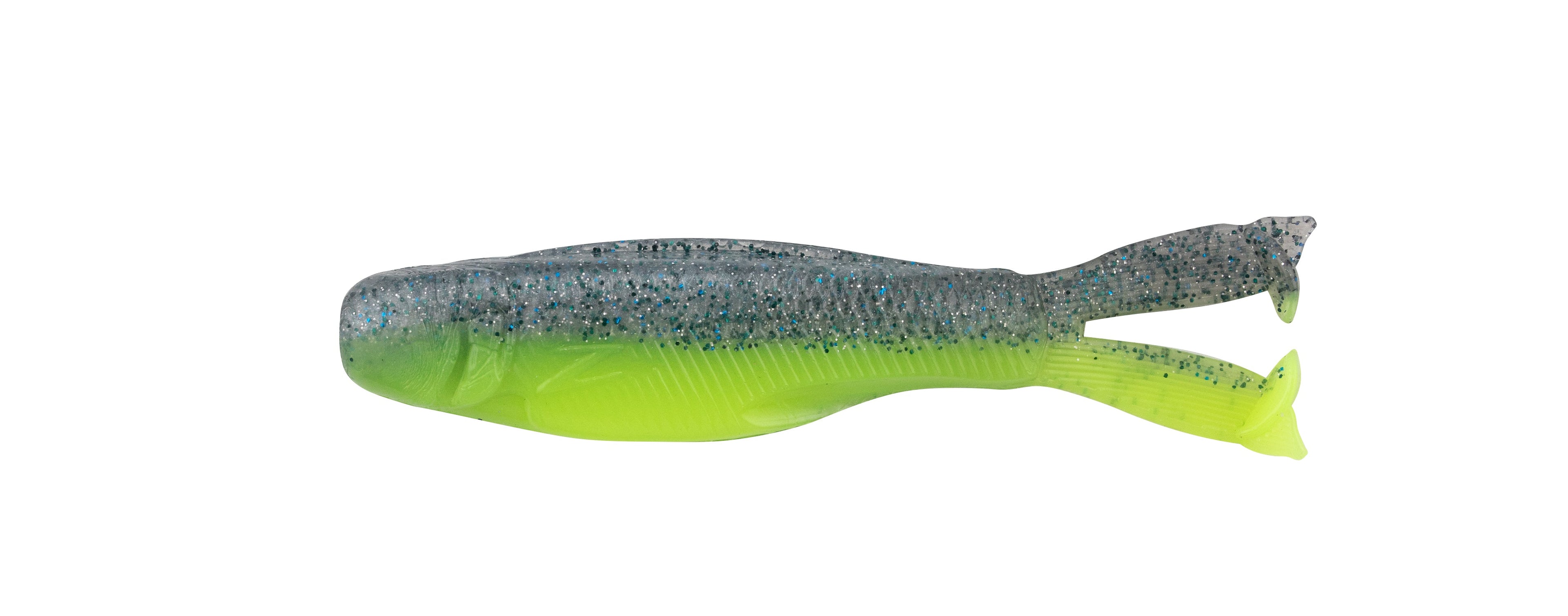 Blue-to-neon green soft plastic fishing lure with glitter specks and forked tail