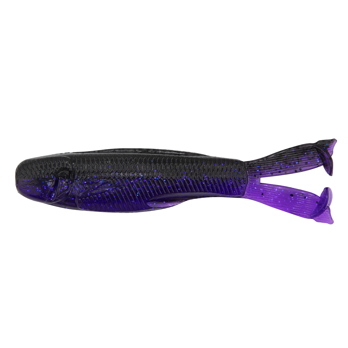Fishing lure in dark purple with black top and glitter texture, split tail fins