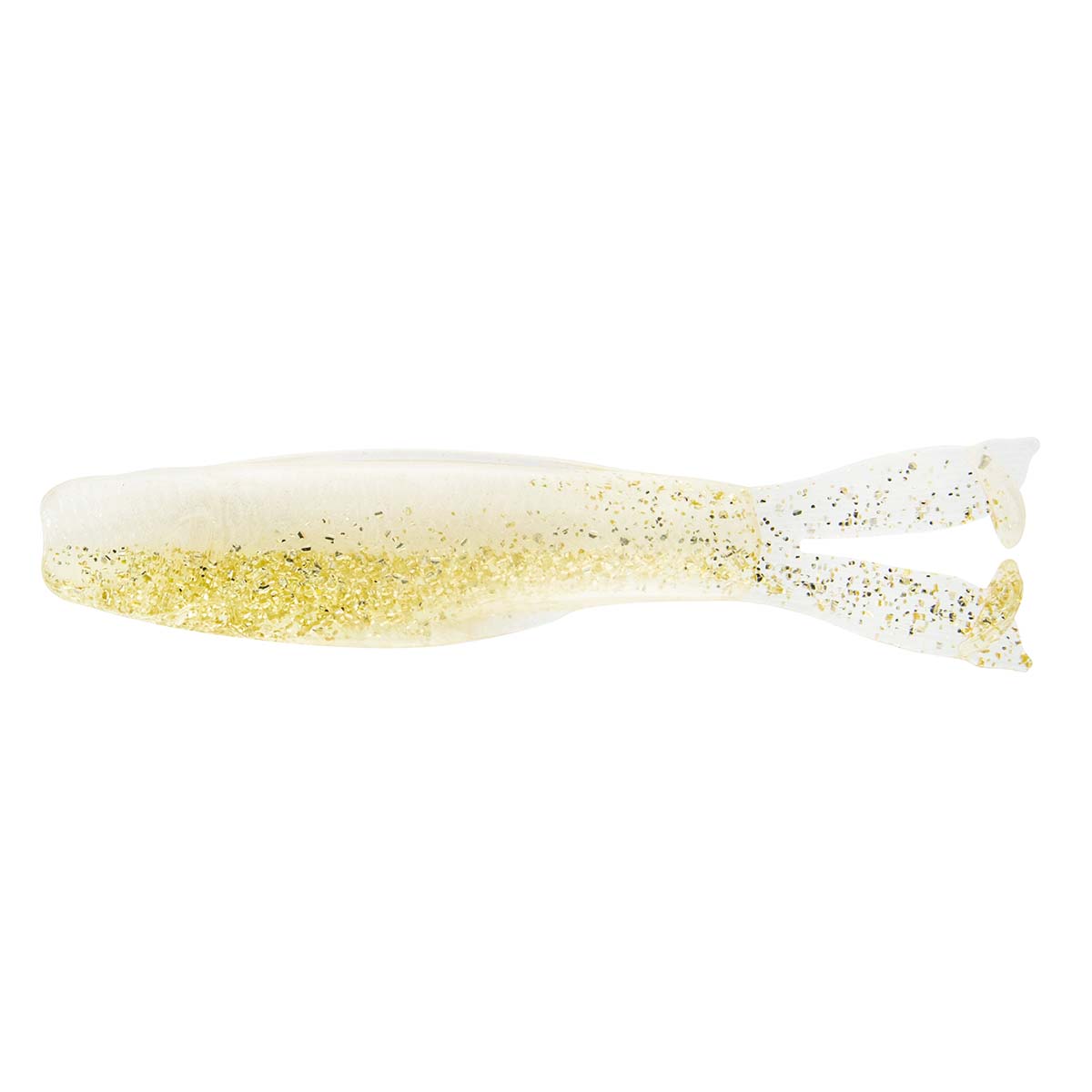 Pearl white and gold glitter soft plastic lure with forked tail