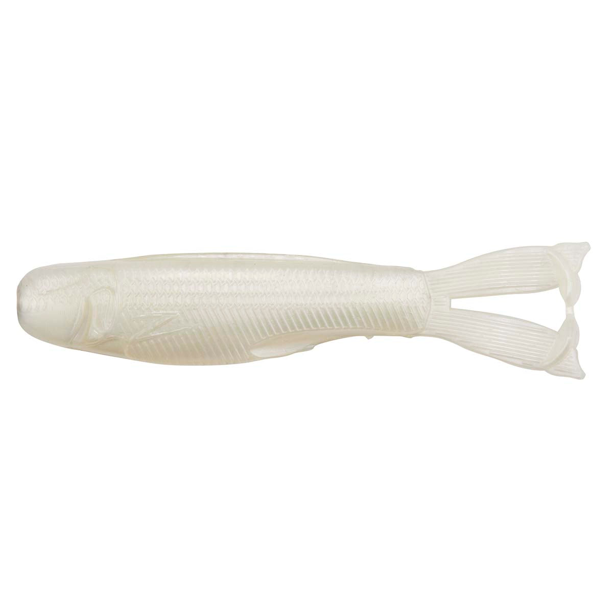 Cream white ribbed soft plastic fishing lure with forked tail