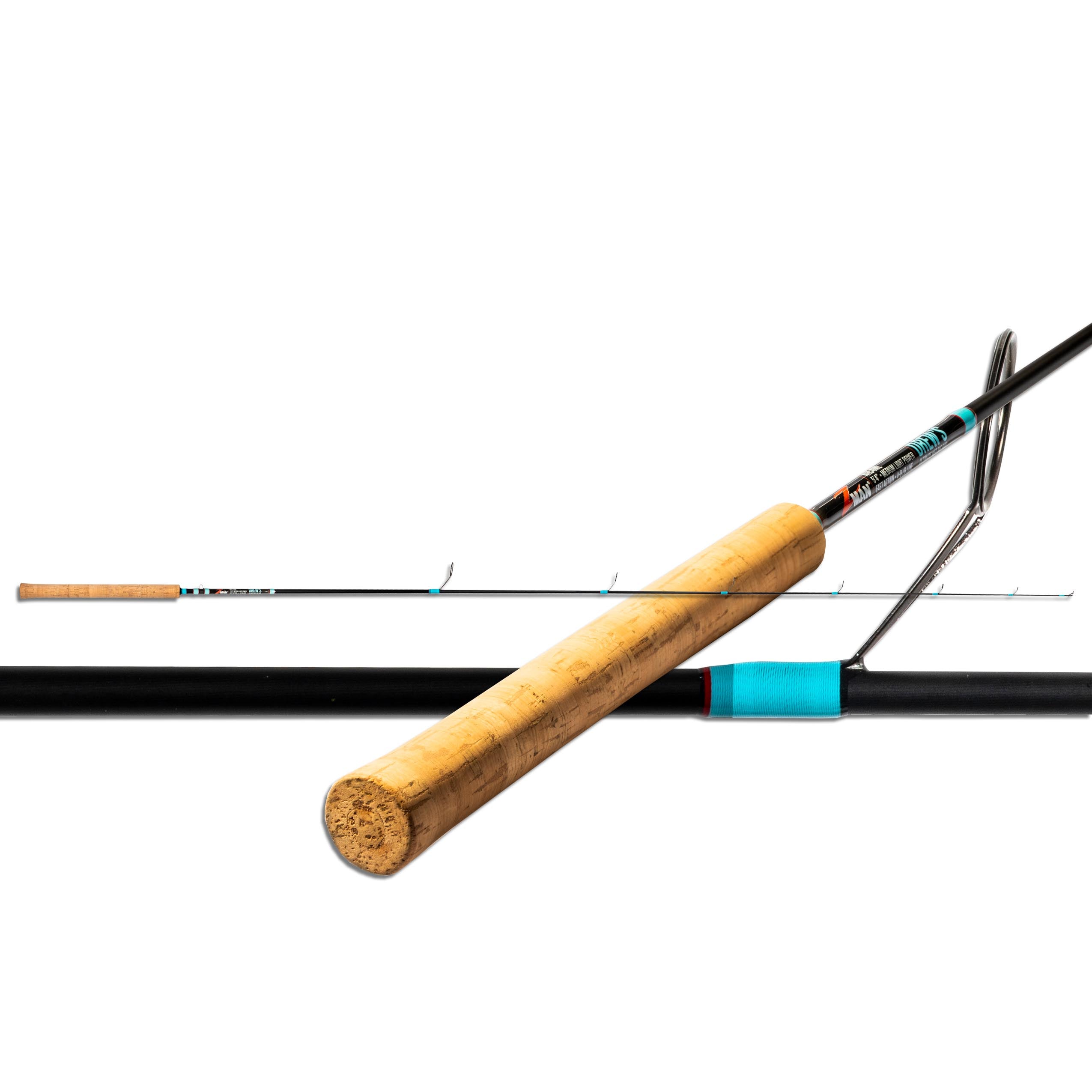 Drew's Ned Rig fishing rod with cork handle and black line guides