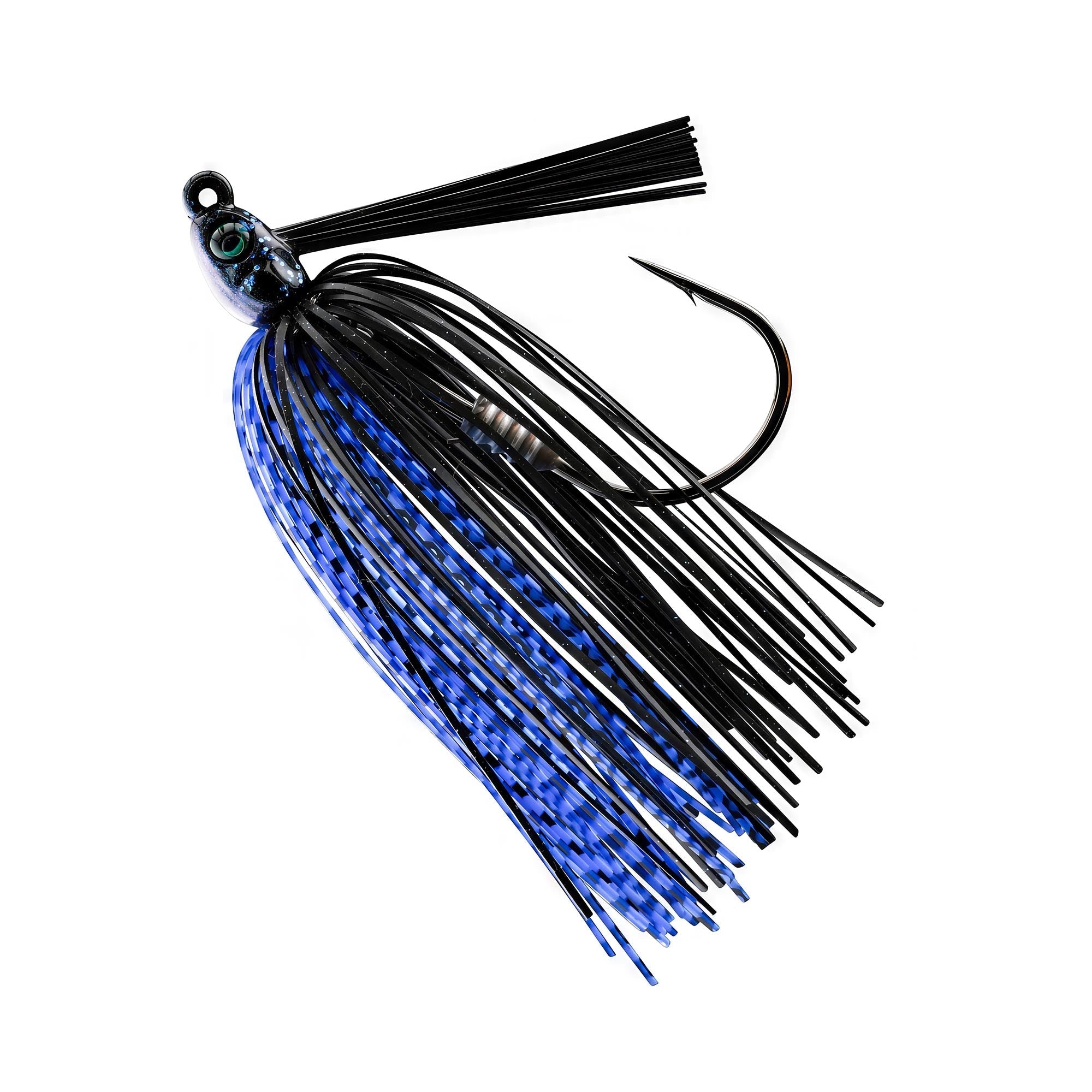 EVO swim jig with black and blue skirt strands, round jig head, and single hook