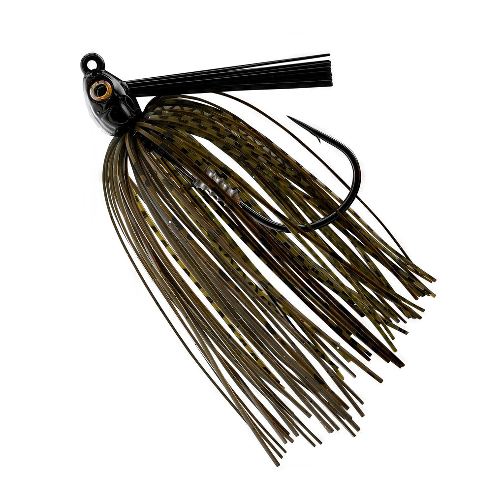 Swim jig with dark olive and gold skirt strands, round jig head, and single hook