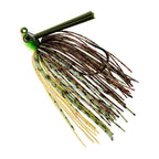 Swim jig with green and multicolor skirt strands, round jig head, and single hook