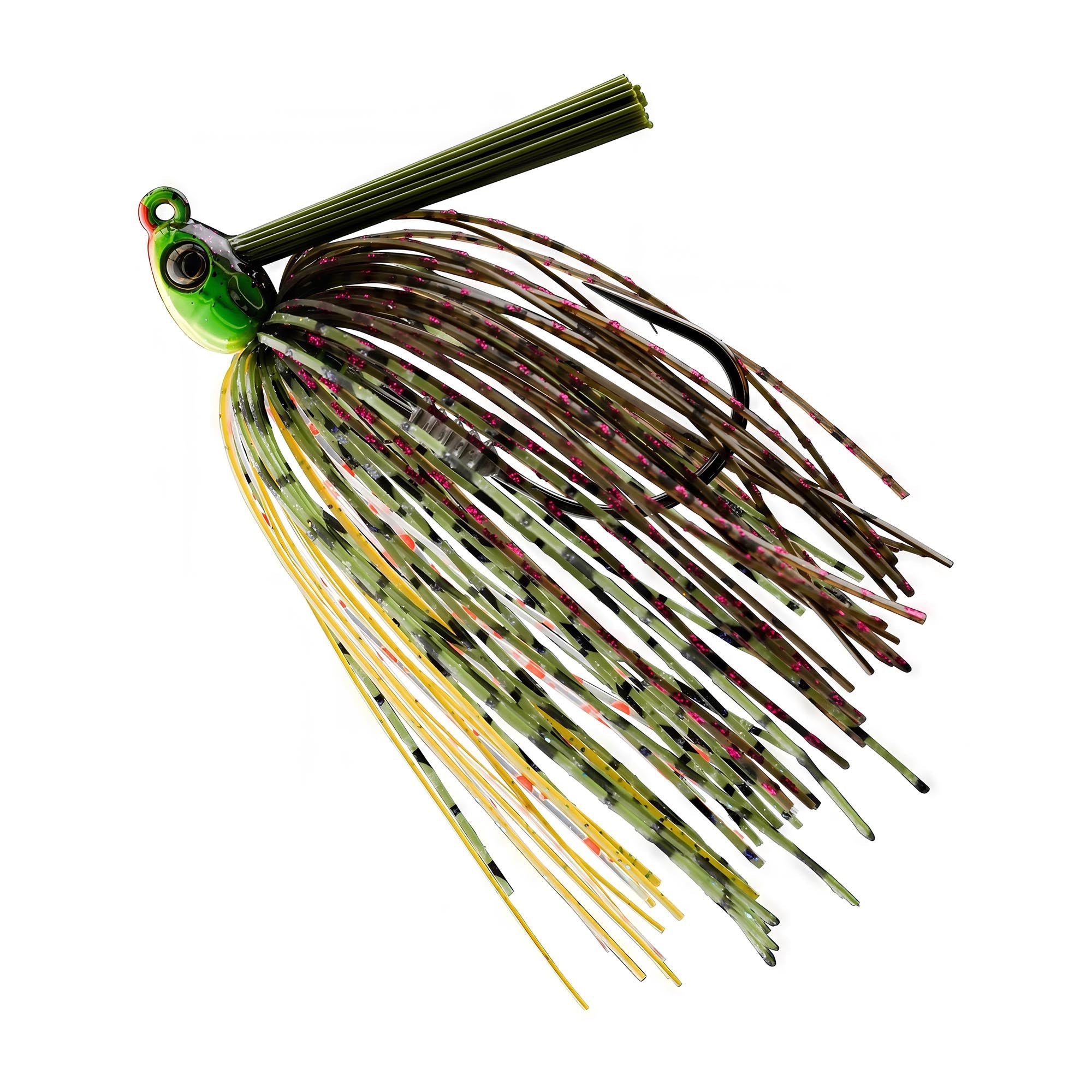 Swim jig with green and multicolor skirt strands, round jig head, and single hook