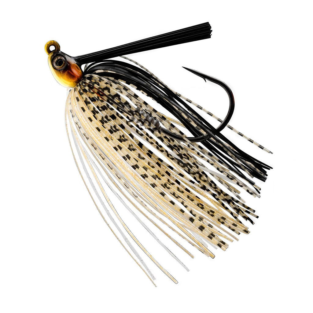 Swim jig with black, gold, and white speckled skirt, round jig head, and single hook