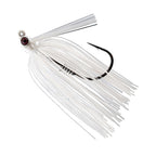 Swim jig with white skirt strands, round jig head, and single hook