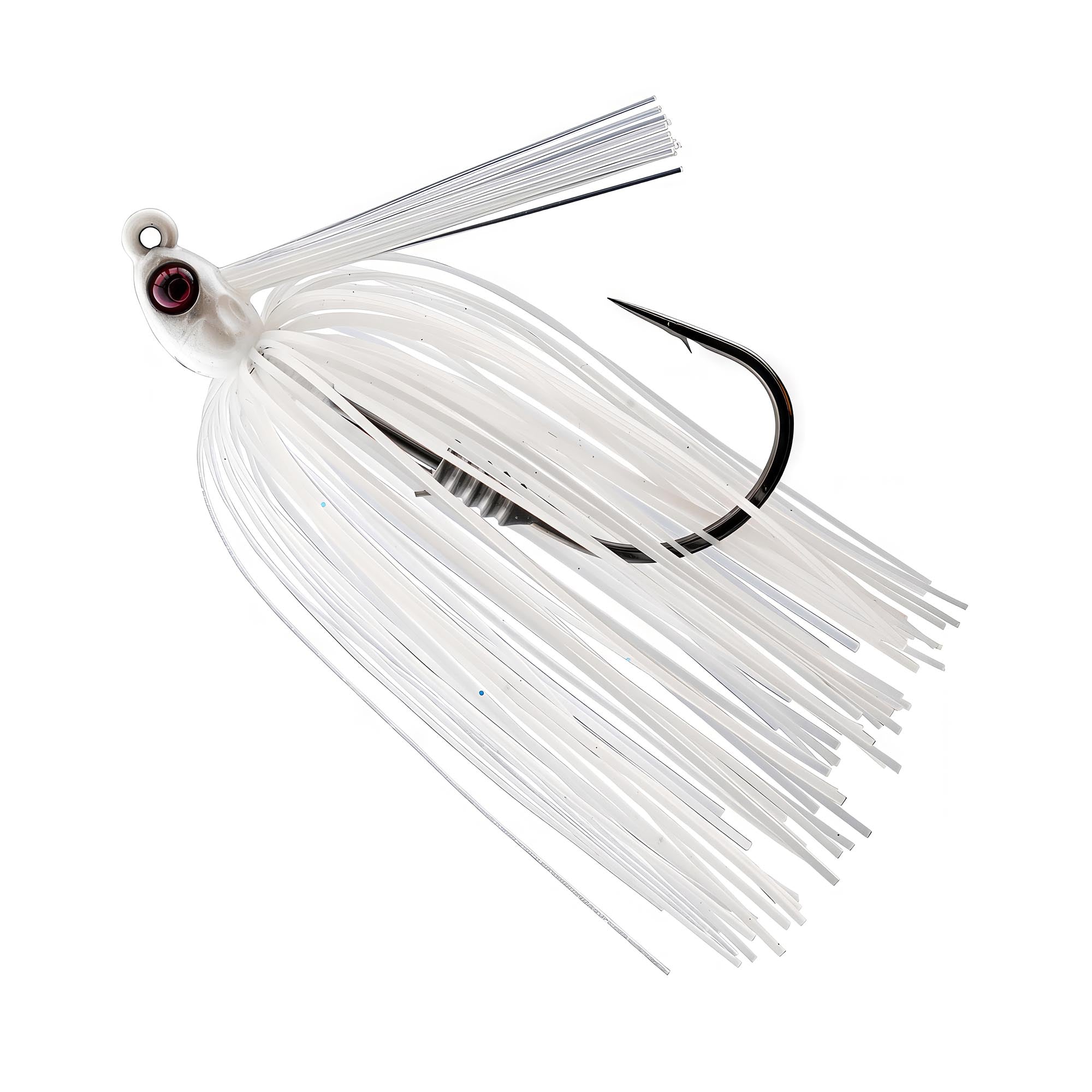Swim jig with white skirt strands, round jig head, and single hook