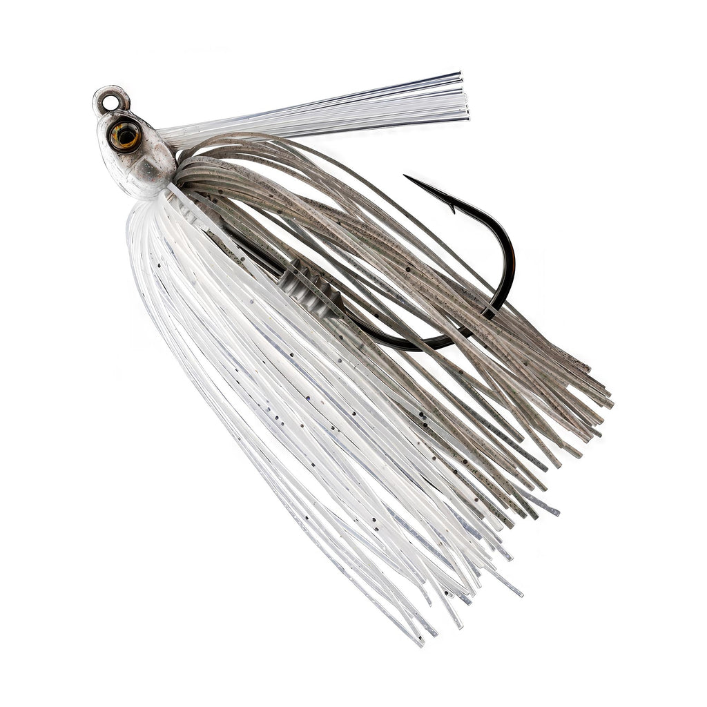 Swim jig with white and brown skirt strands, round jig head, and single hook