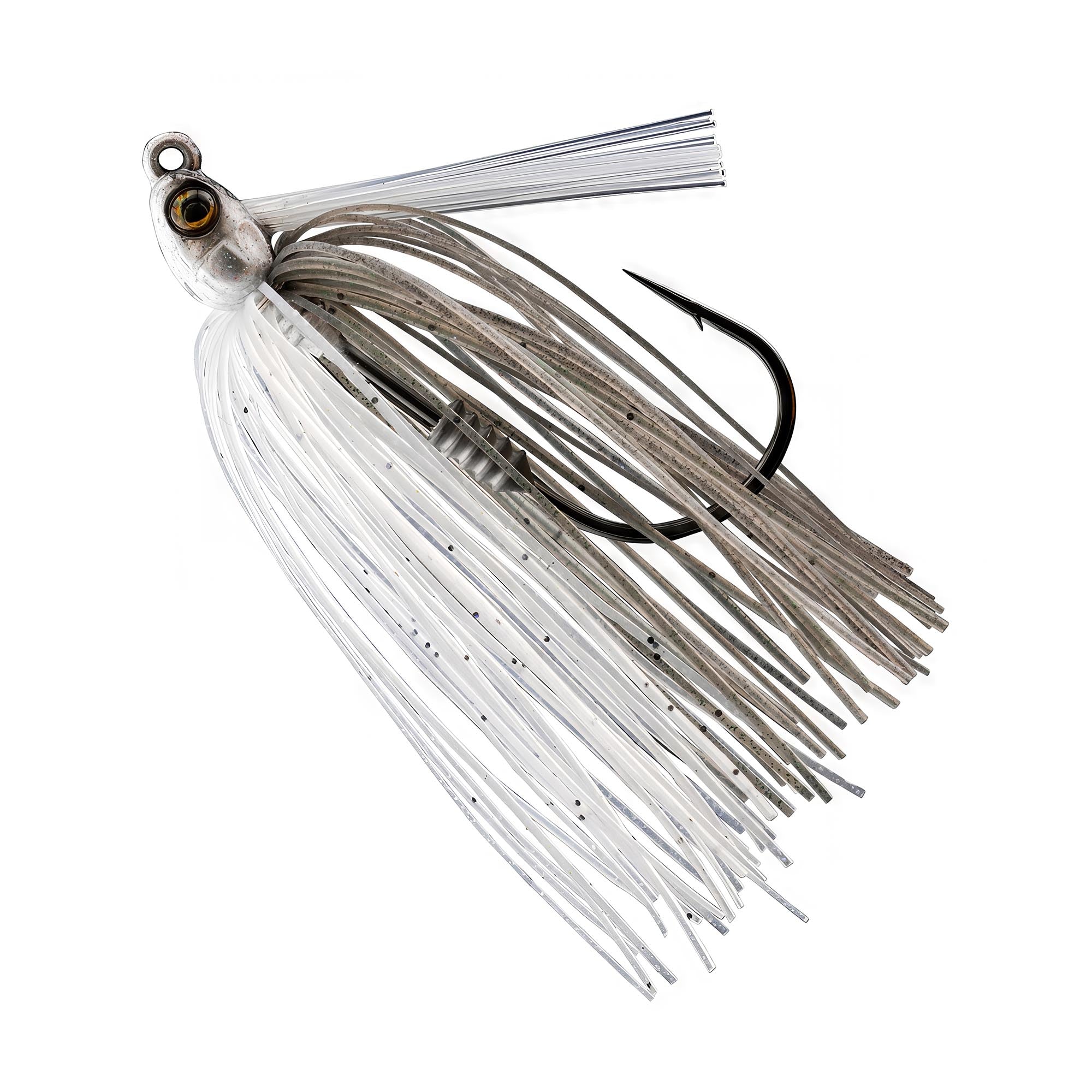 Swim jig with white and brown skirt strands, round jig head, and single hook