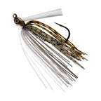 Swim jig with white and brown striped skirt strands, round jig head, and single hook