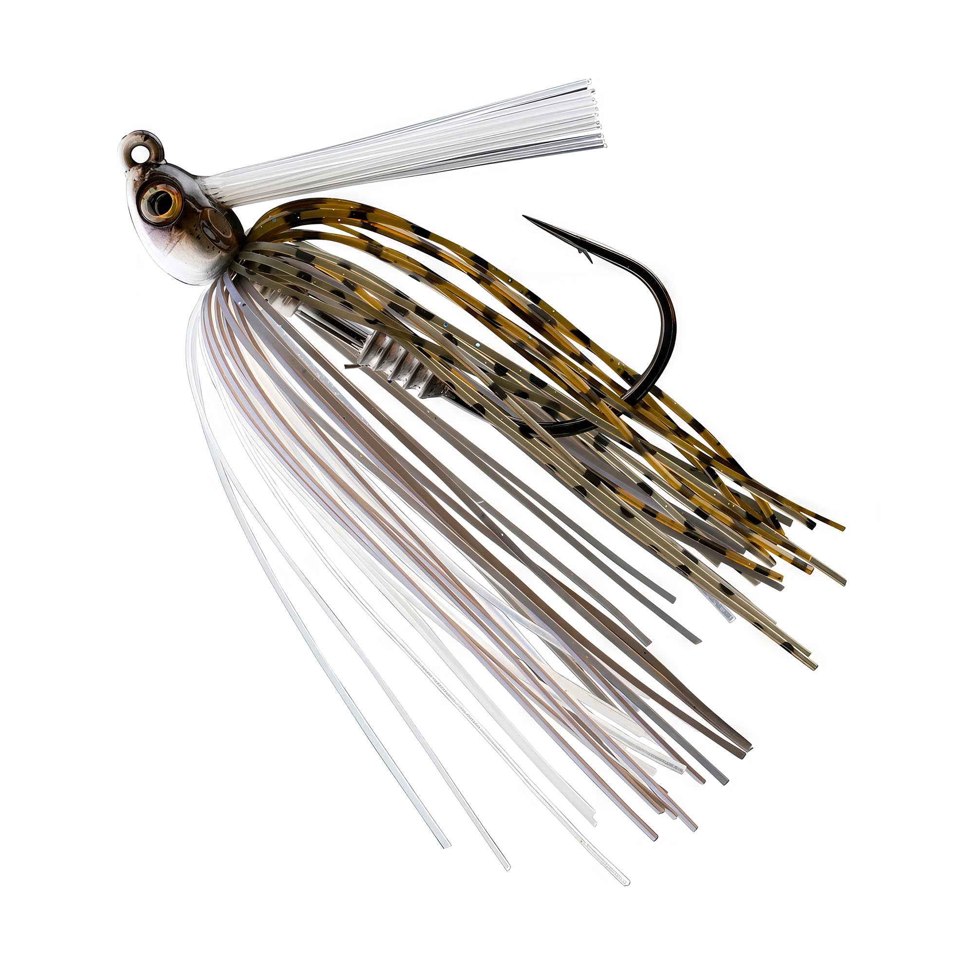 Swim jig with white and brown striped skirt strands, round jig head, and single hook