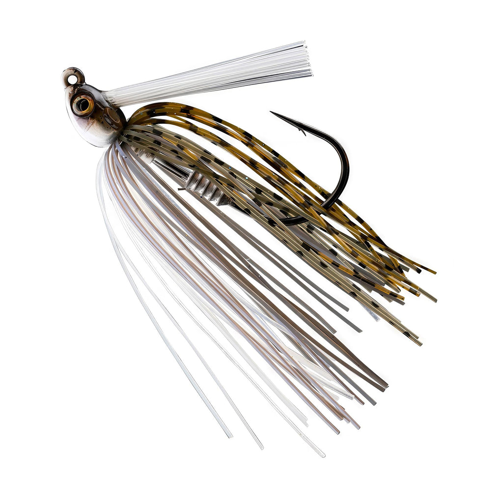 Swim jig with white skirt, olive-and-brown speckled strands, and black hook with gold eye