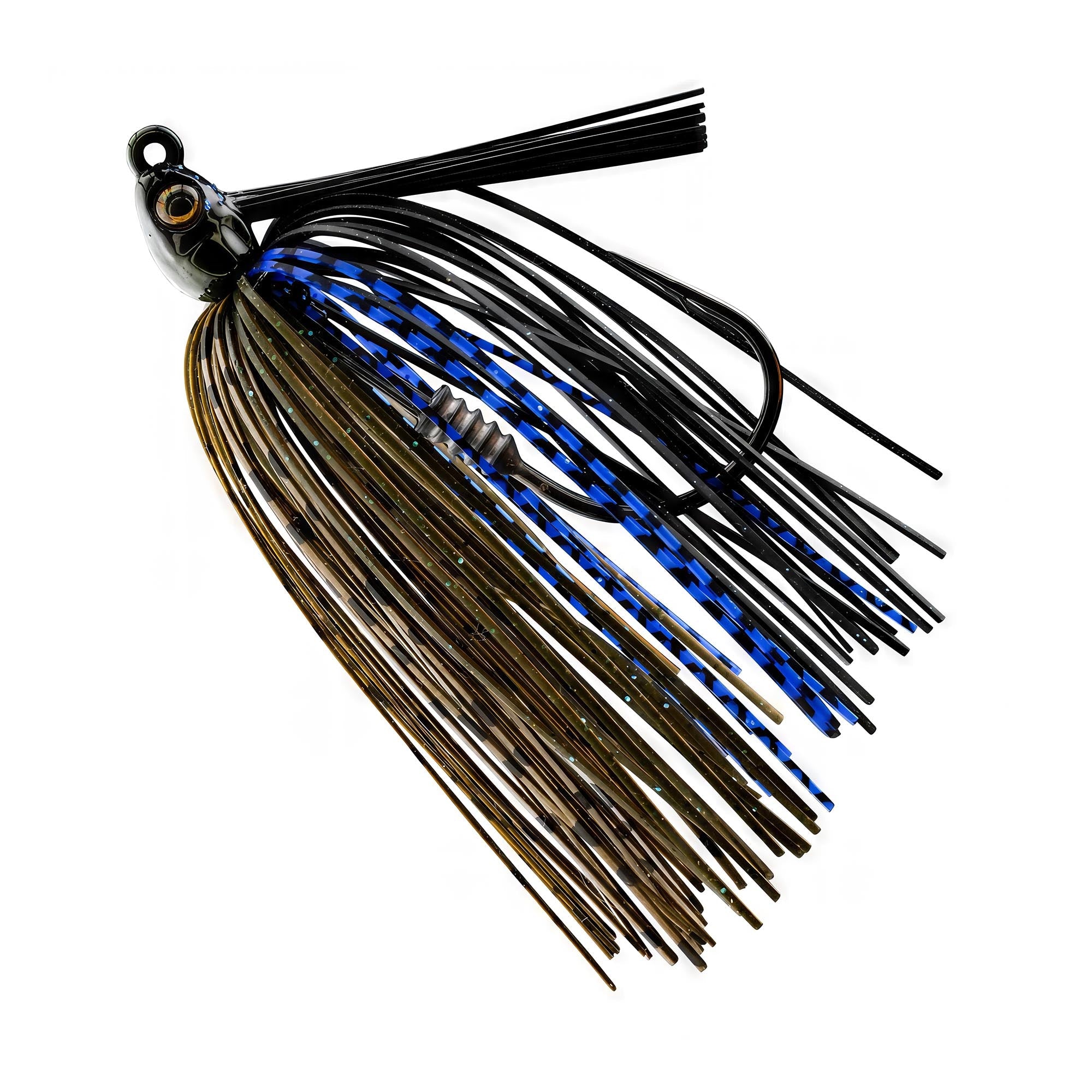 Swim jig with blue and black skirt strands, round jig head, and single hook