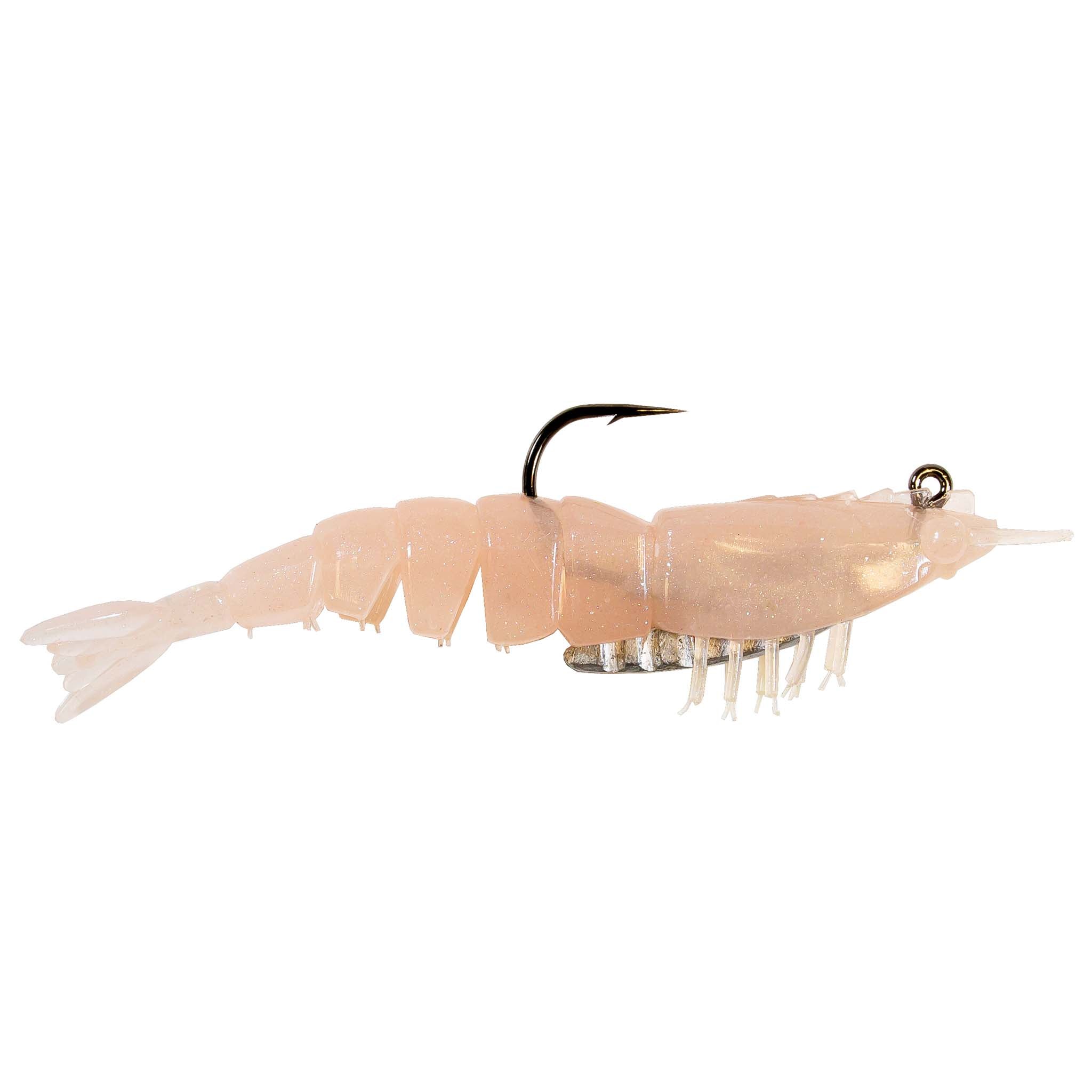 Rigged peach shrimp fishing lure with black hook and clear multi-prong tail