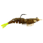 Rigged dark brown shrimp fishing lure with chartreuse tail and gold speckles